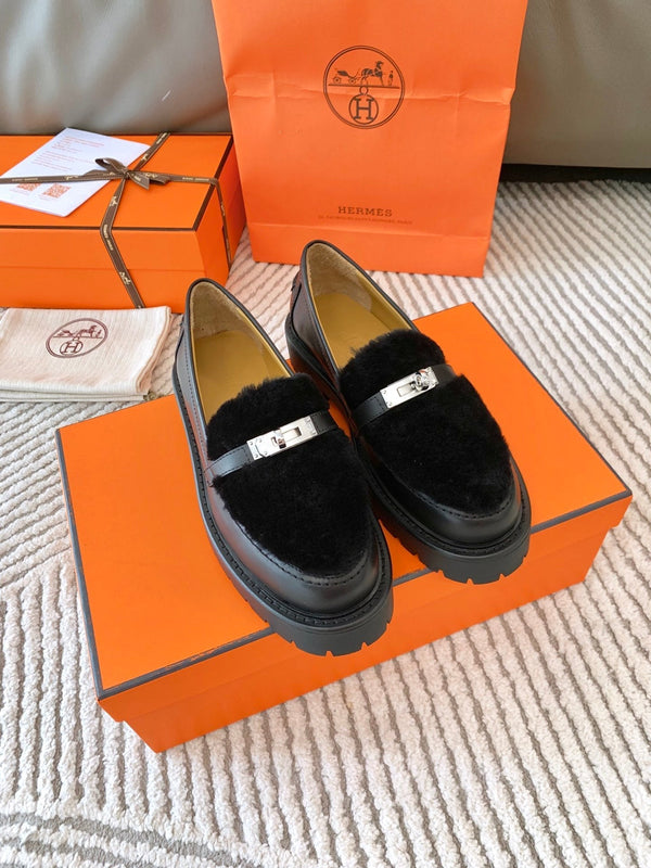 HM Icone Loafer Black Nappa Goat Leather And Rabbit Fur 963171
