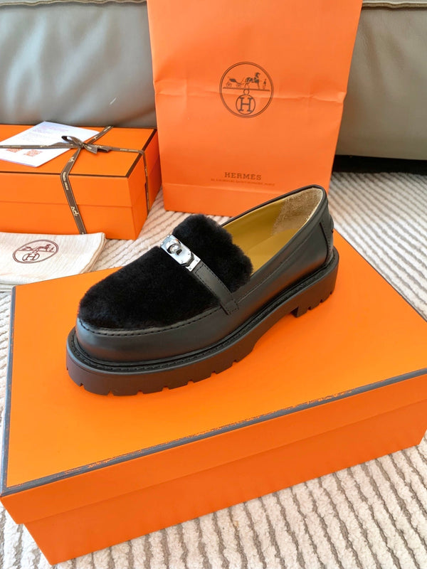 HM Icone Loafer Black Nappa Goat Leather And Rabbit Fur 963171