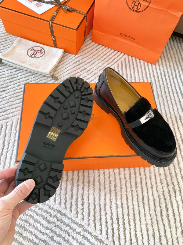 HM Icone Loafer Black Nappa Goat Leather And Rabbit Fur 963171