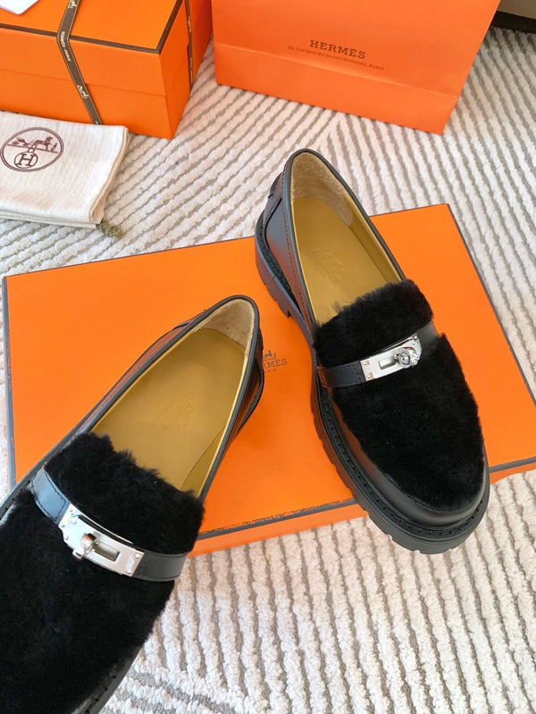 HM Icone Loafer Black Nappa Goat Leather And Rabbit Fur 963171