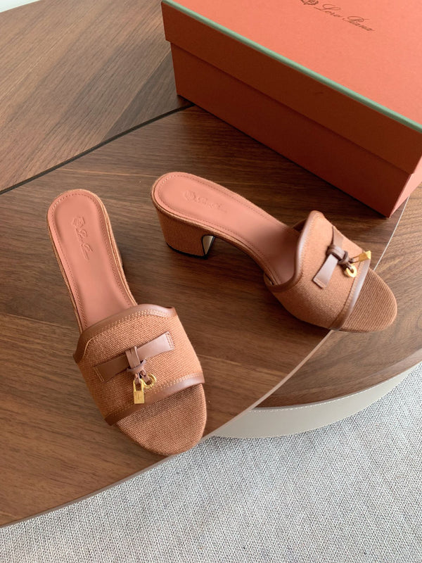 LP 26s Summer Mule Heels 60mm In Dusty Rose Brown Canvas & Calfskin