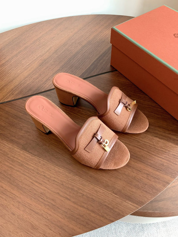 LP 26s Summer Mule Heels 60mm In Dusty Rose Brown Canvas & Calfskin