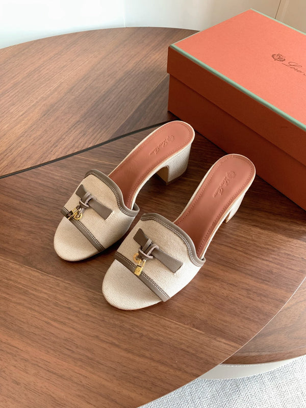LP 26S Summer Mules 60mm Beige Canvas & Calfskin