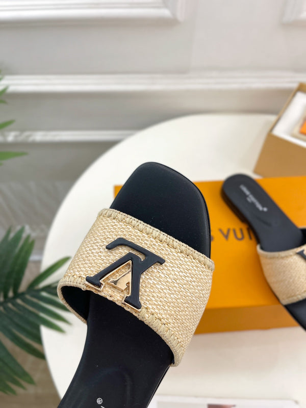 lv capri flat mule beige raffia black calfskin