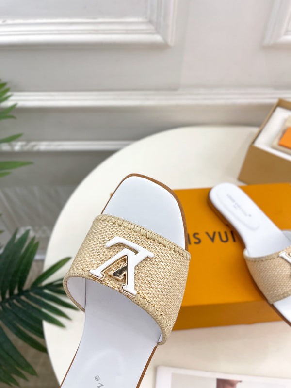 lv capri flat mule beige raffia white calfskin