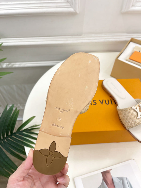 lv capri flat mule beige raffia cream calfskin