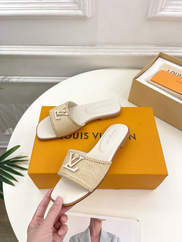 lv capri flat mule beige raffia cream calfskin