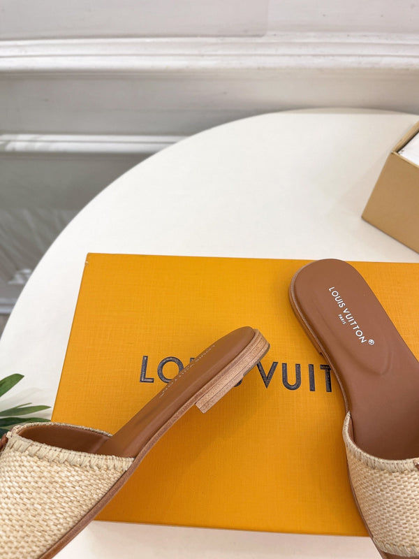 lv capri flat mule beige raffia dark brown calfskin