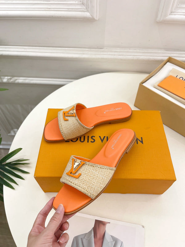 lv capri flat mule beige raffia orange calfskin