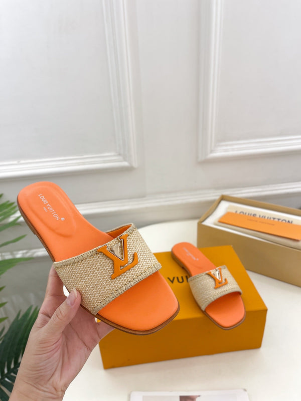 lv capri flat mule beige raffia orange calfskin