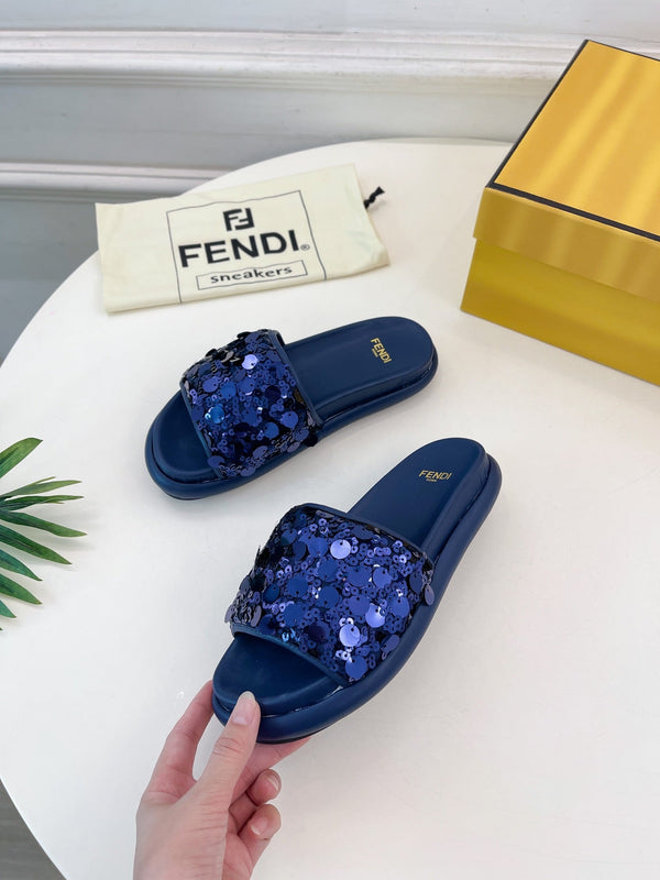 FENDI THICK SOLE 3 CM SEQUIN SLIPPER NAVY BLUE