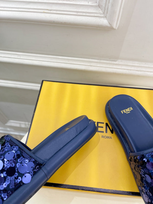 FENDI THICK SOLE 3 CM SEQUIN SLIPPER NAVY BLUE
