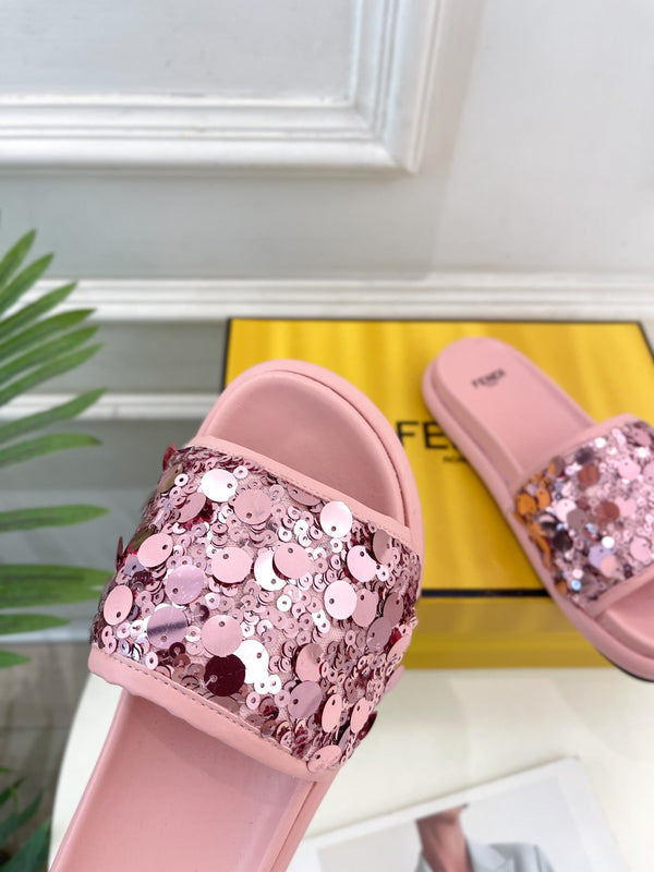 FENDI THICK SOLE 3 CM SEQUIN SLIPPER ROUGH PINK
