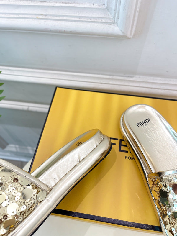 FENDI THICK SOLE 3 CM SEQUIN SLIPPER GOLDEN
