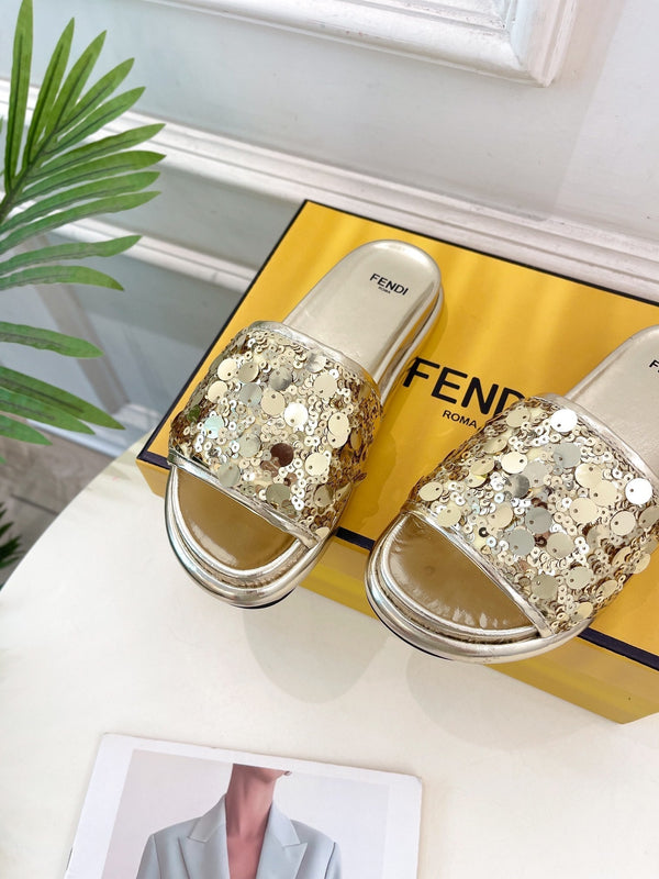 FENDI THICK SOLE 3 CM SEQUIN SLIPPER GOLDEN