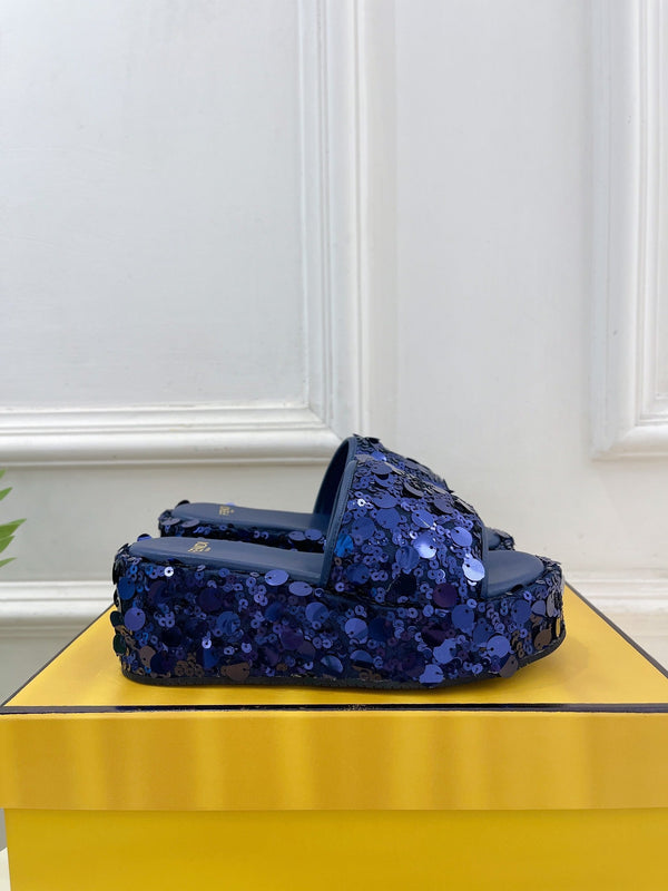 FENDI THICK SOLE 6 CM SEQUIN SLIPPER NAVY BLUE
