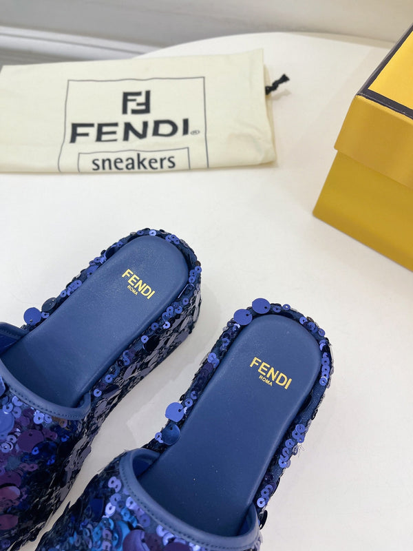 FENDI THICK SOLE 6 CM SEQUIN SLIPPER NAVY BLUE