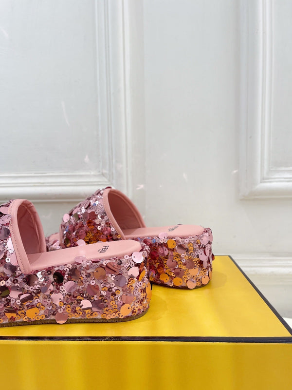 FENDI THICK SOLE 6 CM SEQUIN SLIPPER ROUGH PINK