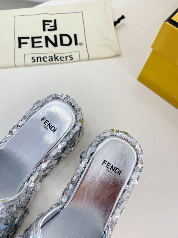 FENDI THICK SOLE 6 CM SEQUIN SLIPPER SILVER
