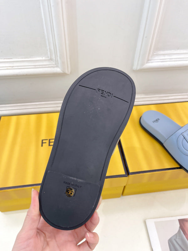 FENDI LOGO SLIDES IN BLUE POWDER CALFSKIN