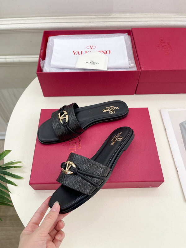 CIABATTA GARAVANI V LOGO SIGNATURE IN RAFIA NERA E PELLE DI VITELLO