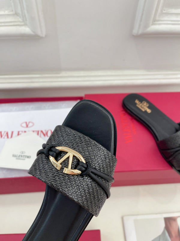 CIABATTA GARAVANI V LOGO SIGNATURE IN RAFIA NERA E PELLE DI VITELLO