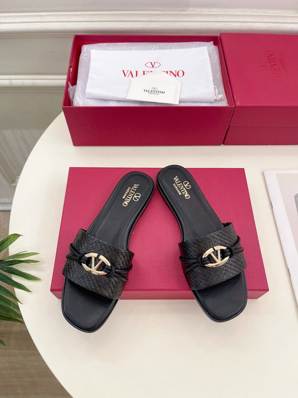 CIABATTA GARAVANI V LOGO SIGNATURE IN RAFIA NERA E PELLE DI VITELLO