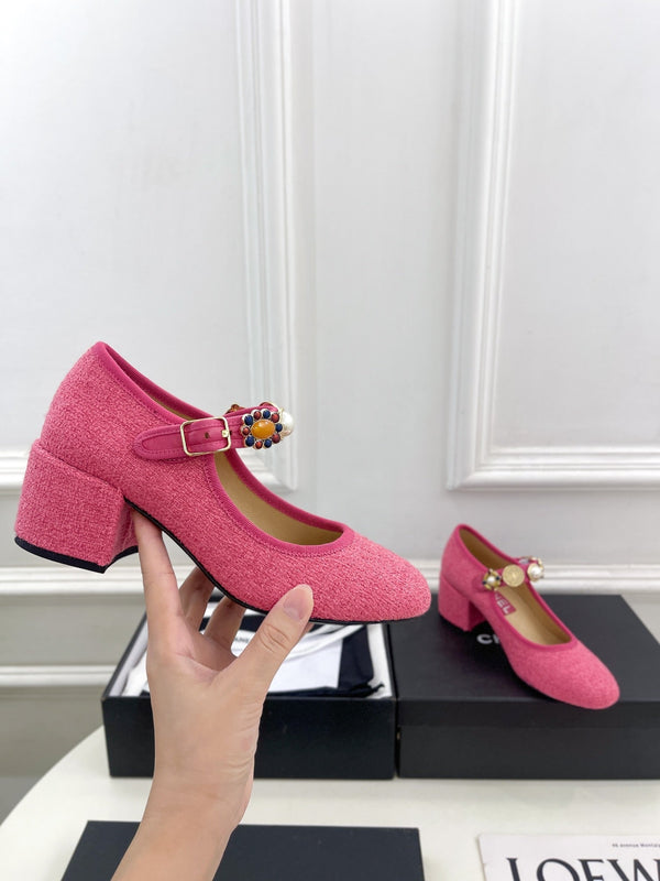 CC High Mary Janes 55mm in tweed di lana e tessuto rosa scuro 948817