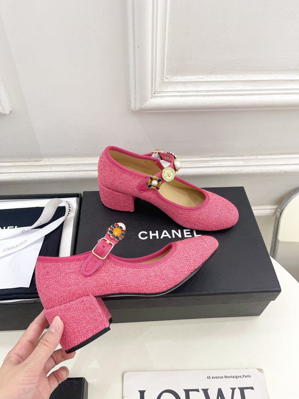 CC High Mary Janes 55mm in tweed di lana e tessuto rosa scuro 948817