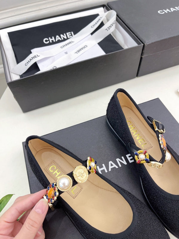 CC Ballet Flats 10mm Black Wool Tweed And Fabric 948826