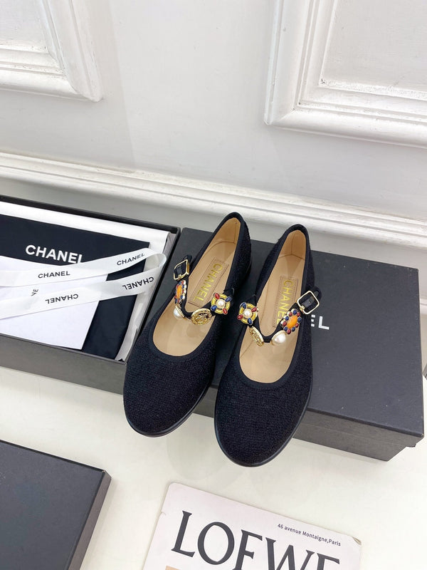 CC Ballet Flats 10mm Black Wool Tweed And Fabric 948826