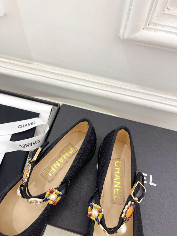 CC Ballet Flats 10mm Black Wool Tweed And Fabric 948826