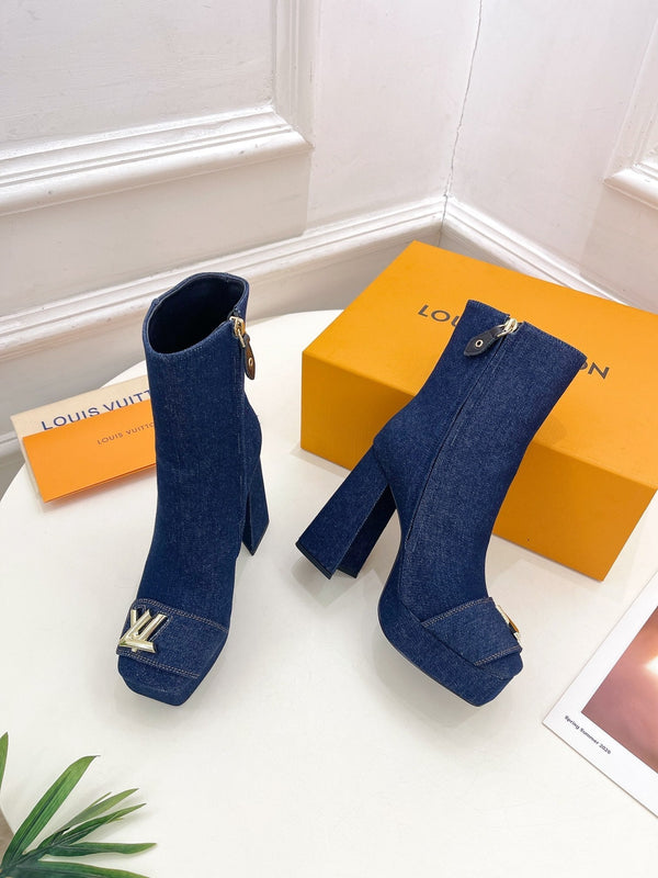 LV Shake Platform Ankle Boot 120mm Dark Blue Denim Fabric