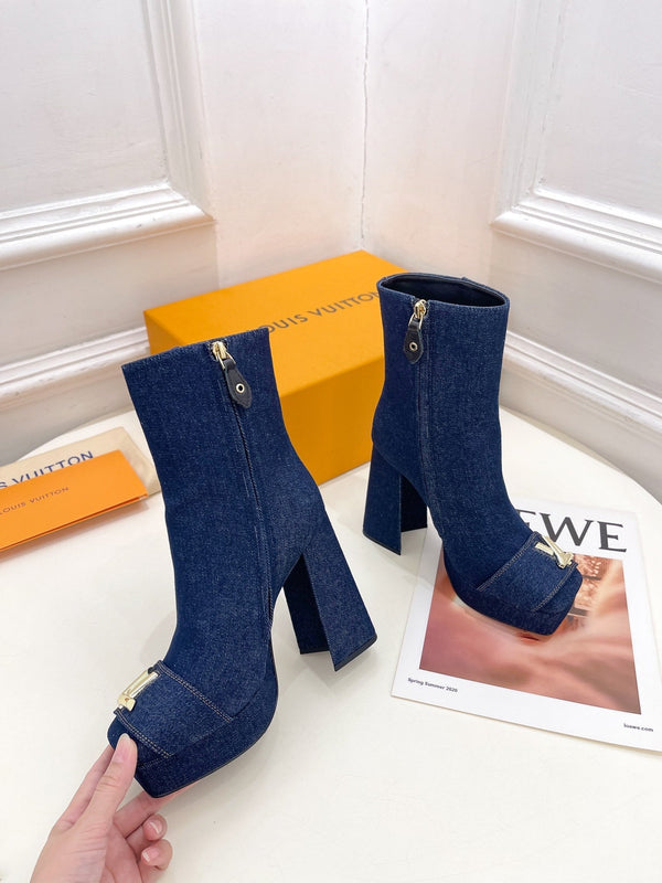LV Shake Platform Ankle Boot 120mm Dark Blue Denim Fabric