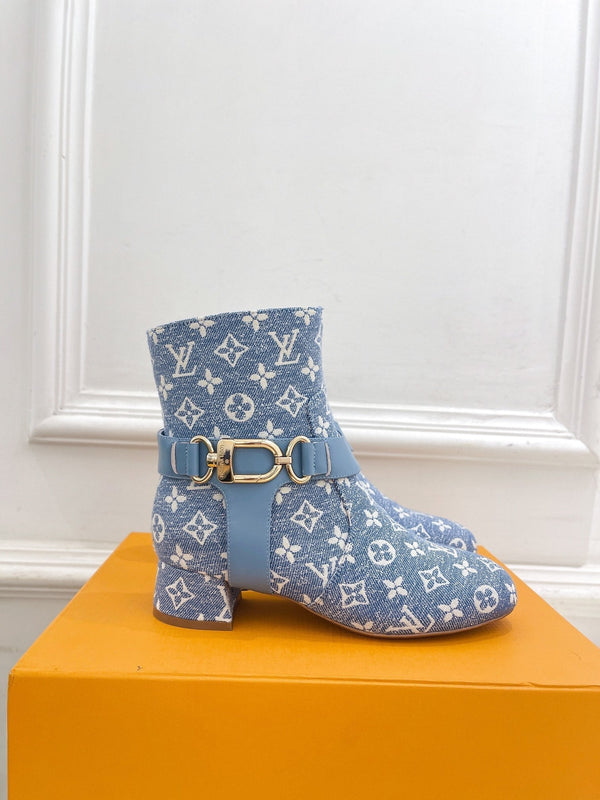 LV Ankle Boots 35mm Light Blue Monogram Jacquard Fabric