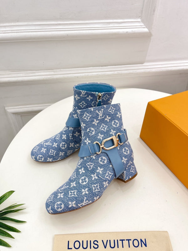 LV Ankle Boots 35mm Light Blue Monogram Jacquard Fabric