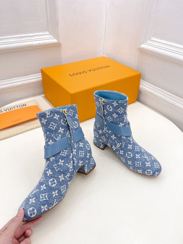 LV Ankle Boots 35mm Light Blue Monogram Jacquard Fabric