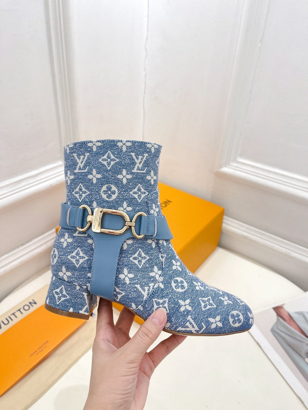 LV Ankle Boots 35mm Light Blue Monogram Jacquard Fabric