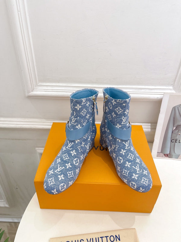 LV Ankle Boots 35mm Light Blue Monogram Jacquard Fabric