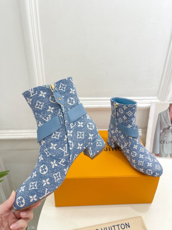 LV Ankle Boots 35mm Light Blue Monogram Jacquard Fabric