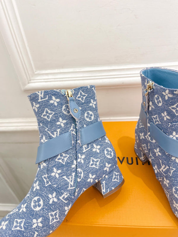 LV Ankle Boots 35mm Light Blue Monogram Jacquard Fabric