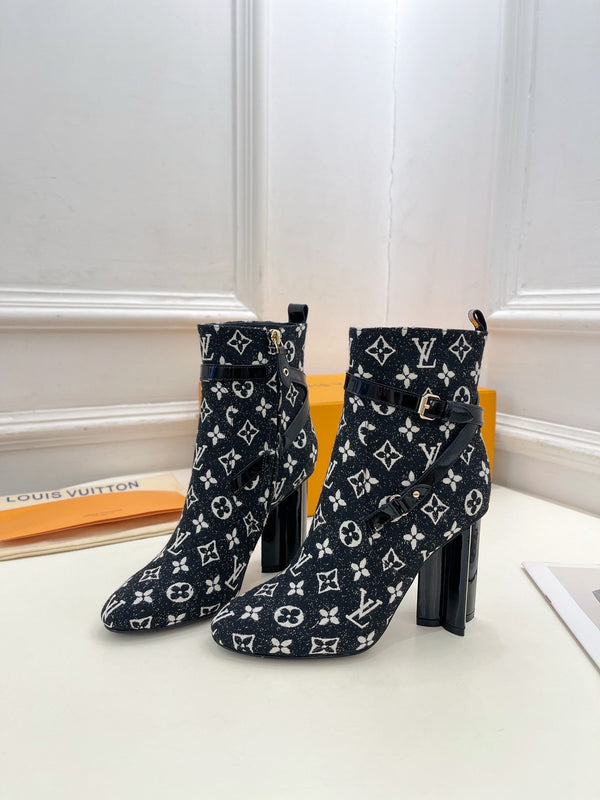LV Silhouette Ankle Boots 100mm Black Monogram Jacquard Fabric