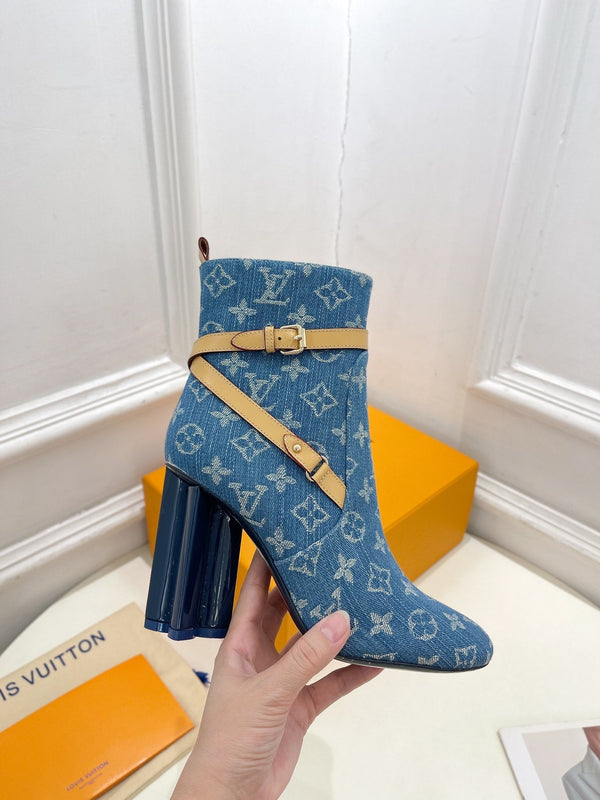 LV Silhouette Ankle Boots 100mm Dark Blue Monogram Jacquard Fabric