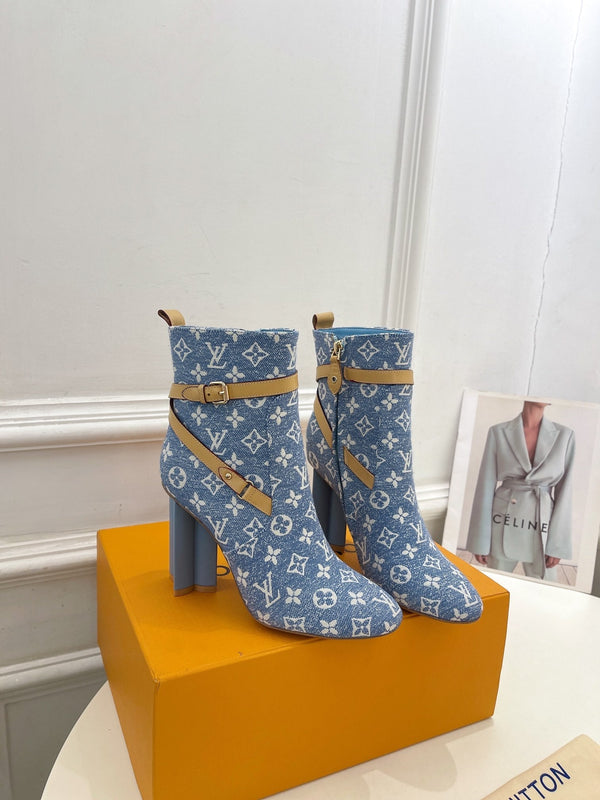 LV Silhouette Ankle Boots 100mm Light Blue Monogram Jacquard Fabric