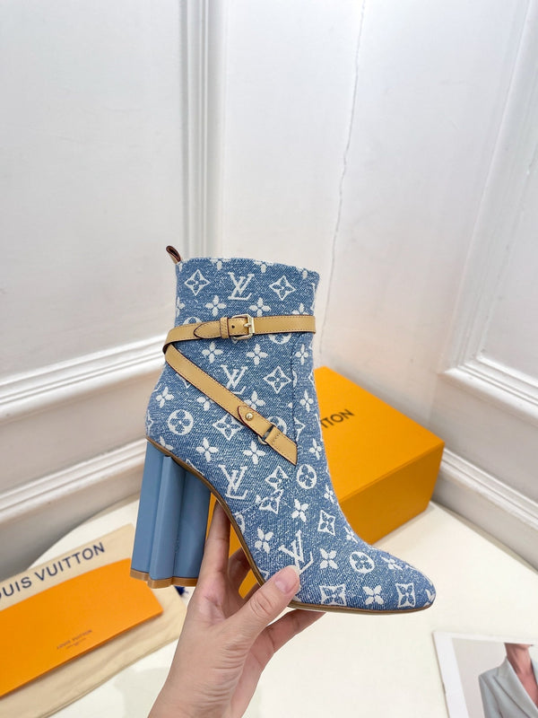 LV Silhouette Ankle Boots 100mm Light Blue Monogram Jacquard Fabric