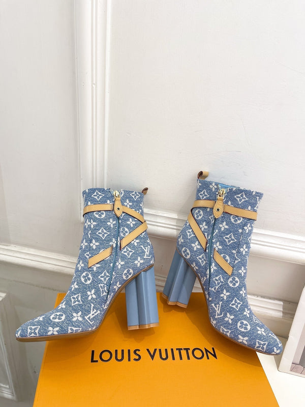 LV Silhouette Ankle Boots 100mm Light Blue Monogram Jacquard Fabric