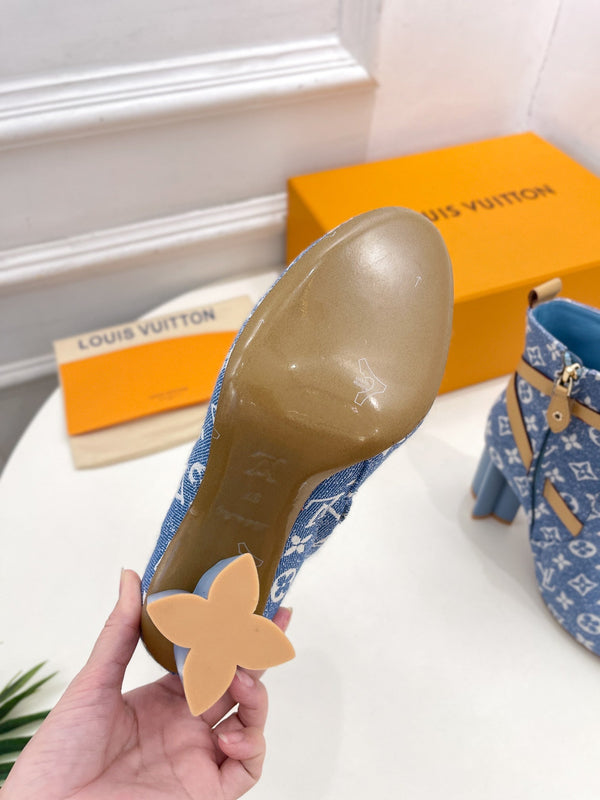 LV Silhouette Ankle Boots 100mm Light Blue Monogram Jacquard Fabric