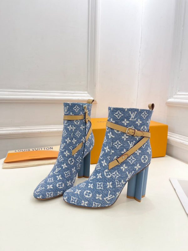 LV Silhouette Ankle Boots 100mm Light Blue Monogram Jacquard Fabric