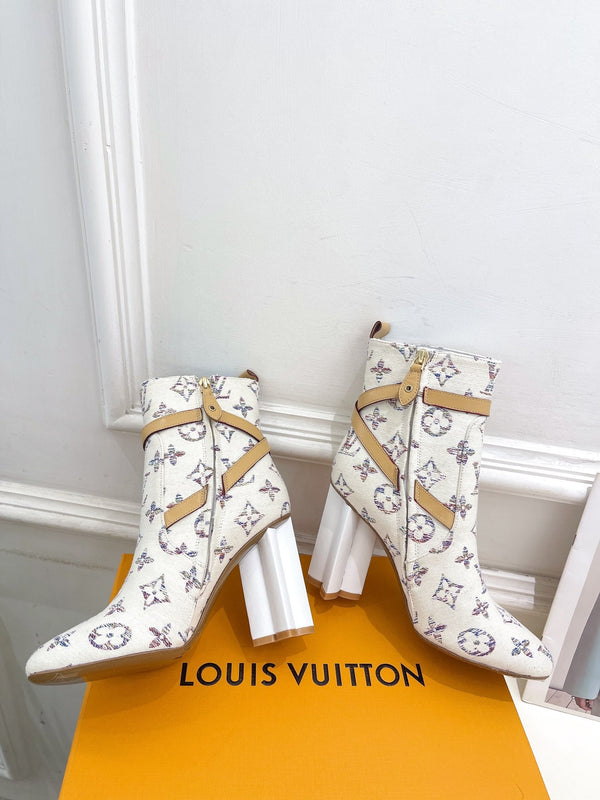 LV Silhouette Ankle Boots 100mm White Monogram Jacquard Fabric