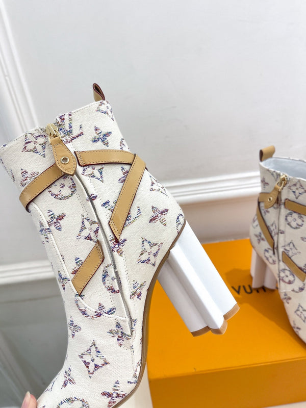 LV Silhouette Ankle Boots 100mm White Monogram Jacquard Fabric